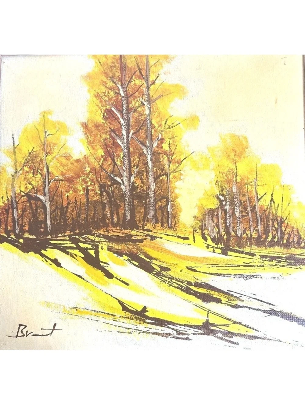 Mid-Century Modern Snow Landscape Painting in Wood Frame